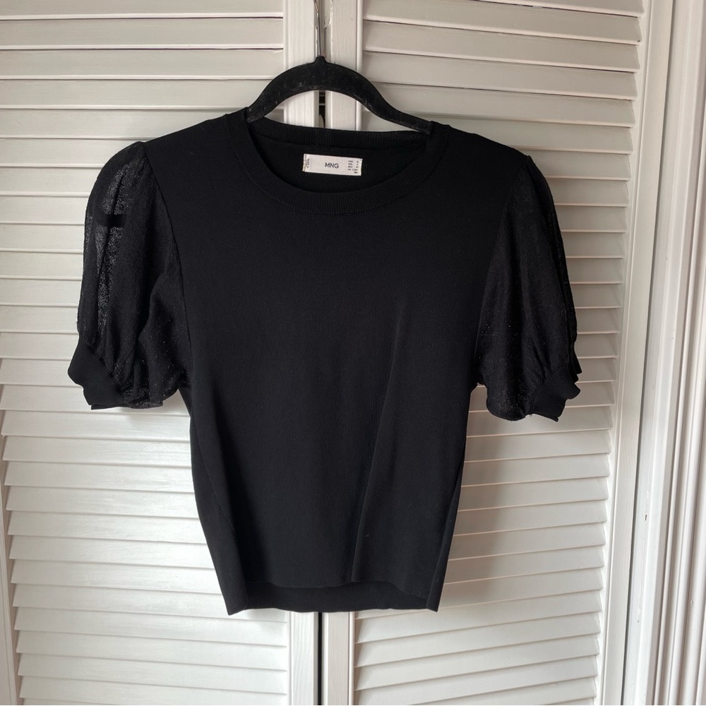 Mango Black Puff Sheer Sleeve Top